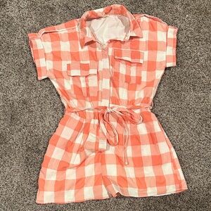 These Three Boutique Checkered Romper - Coral and White